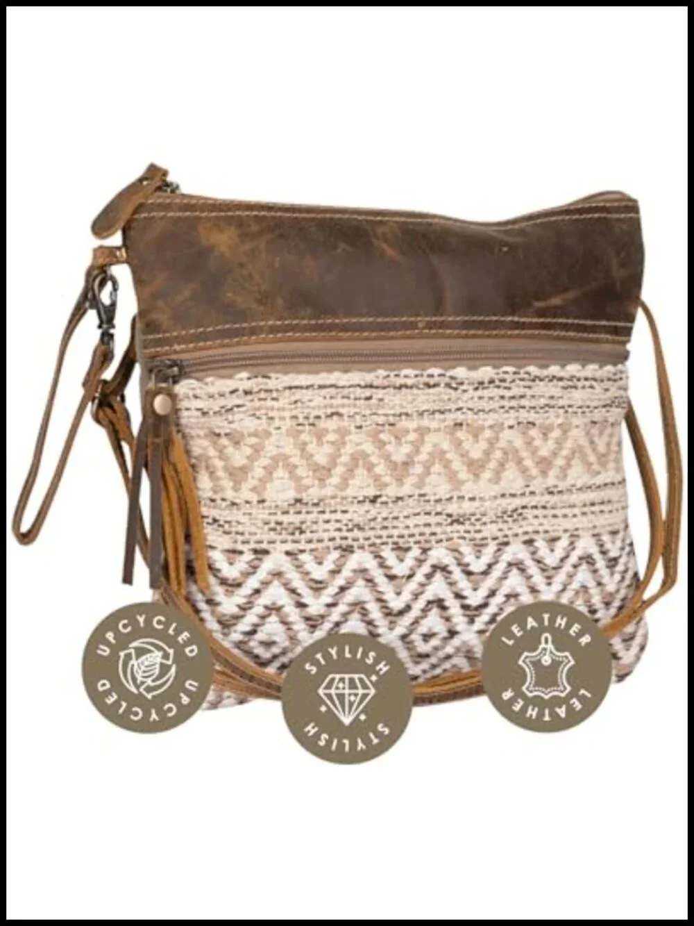 Boho Aztec Canvas Crossbody Bag with Real Leather Detailing